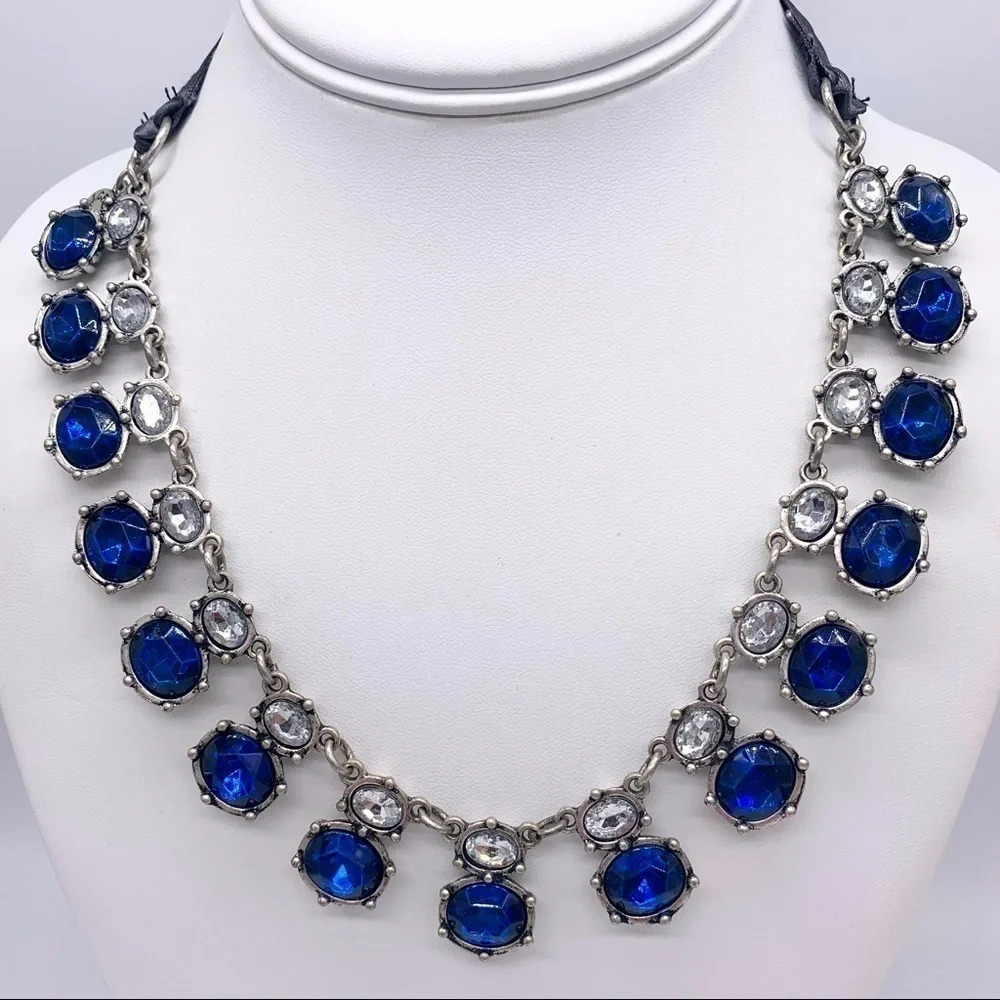 J. Crew Royal Blue Jeweled Ribbon Tie Necklace
